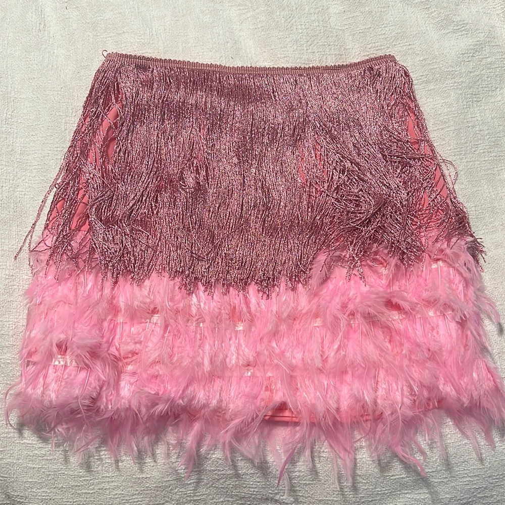 Pink feather and fringe skirt